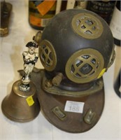 Brass Copper miniature diving helmet & bell.