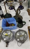 Vintage Car fog lights, oil cans, funnel horn etc