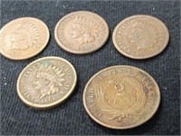 4 INDIAN CENTS (1861, 69, 78, 85)& 1868 2 CENT PCS