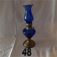 COBALT BLUE OIL LAMP WITH METAL BASE- 9" SIGNS OF