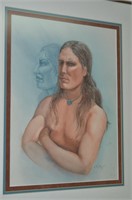 FRAMED WATERCOLOR OF NATIVE AMERICAN INDIAN BRAVE