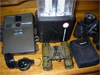 Trail Camera, Binoculars, Rayovac Light, & Compass