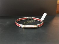 18Kt S/S 2 Row Cable Red Leather Bracelet - $199
