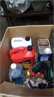 Box with Cleaning supplies, motor oil and more
