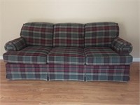 Hunter green and burgandy plaid sofa