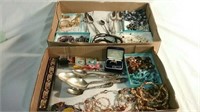 2 boxes miscellaneous jewelry and flatware