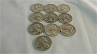 10 silver quarters dated various years from 1952