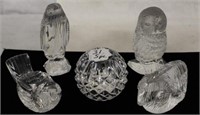5 Waterford Paperweights; Owl, Sheep,