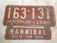 1948 Auto Plate with Hannibal Ellis Tire Sign