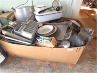 Large Box of Kitchen Items - Enamelware, Grinders