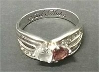 Sterling Silver Pink/Clear Topaz Hearts Ring (sz9)