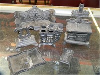 MINIATURE CAST IRON COUCH, STOVES,