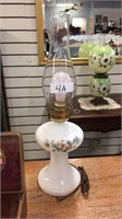 ANTIQUE WHITE GLASS CONVERTED OIL LAMP, US WIRED