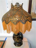 ANTIQUE PIERCED BRASS LAMP SHADE W/ VINTAGE LAMP