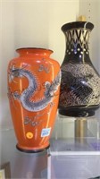 2 ASIAN VASES DRAGON MORIAGE AND BLACK ETCHED