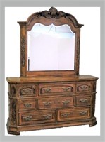 Wood Carved 8-Drawer Long Dresser w Beveled Mirror