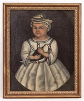 19th c. Portrait Of A Child With Bird
