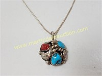 Sterling SW Turquoise & Coral Half Round Pendant