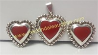 Sterling Red Stone Clip On Heart Earrings/Pendant