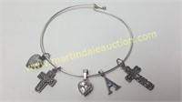 Sterling Silver Heart/Cross Charm Wire Bracelet