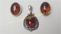 Sterling Silver Amber Earring and Pendant Set