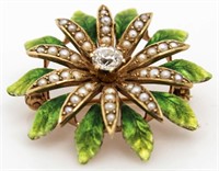 10kt Gold Antique Diamond & Pearl Brooch
