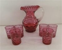 Large Cranberry Water Set w/ 6 Tumblers - Rare