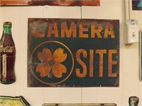 Vintage Double Sided Metal Camera Site Sign