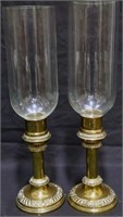 PAIR SOLID BRASS CANDLESTICKS WITH HURRICANE SHADE