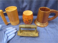 3 wooden mugs & old finishing tool