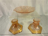 Pink Depression Glass Plate & Candle Holders