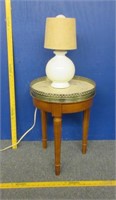 small round marble top table & white lamp with