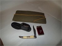 Military hat, pocket knife, shoe lathe, lighter
