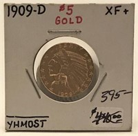 1909 D $5 Gold Coin XF+