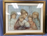 Original watercolor by Hibel,  family mother and f