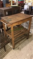 Wood butcher block kitchen work table with two