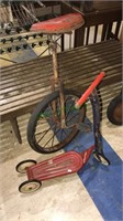 Vintage unicycle, vintage three wheel scooter,