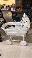 Antique white wicker baby cradle on wheels, 36