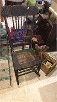 Antique rocking chair, wood magazine rack with
