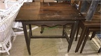Antique pine top table with stretcher base, 29 x