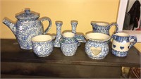 Blue sponge ware kitchen items including coffee