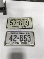 '71 motorcycle, '61 farm trailer licence plates