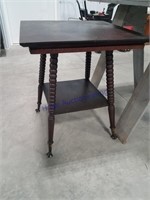 Wooden table w/ purple glass feet