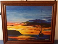 Oil on Canvas Painting Sailboat in Sunset