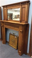 ANTIQUE OAK FIREPLACE MANTLE WITH BEVELED MIRROR,