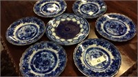 (6) FLOW BLUE DESSERT PLATES AND ONE 13 STATE