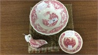 (3) RED TRANSFER WARE SERVING PIECES - "BOMBAY",