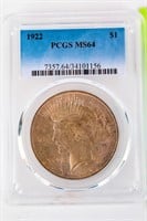 Coin 1922-P  Peace Silver Dollar PCGS MS64