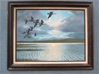 Original Oil Painting of Geese Over Shining Lake