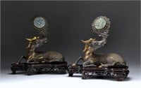 PAIR OF GILT SILVER 'SHOU' DEERS WITH JADE PLAQUES